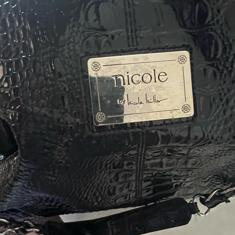 Nicole Miller Glossy Black Croc Shoulder Bag - Picture 3 of 11